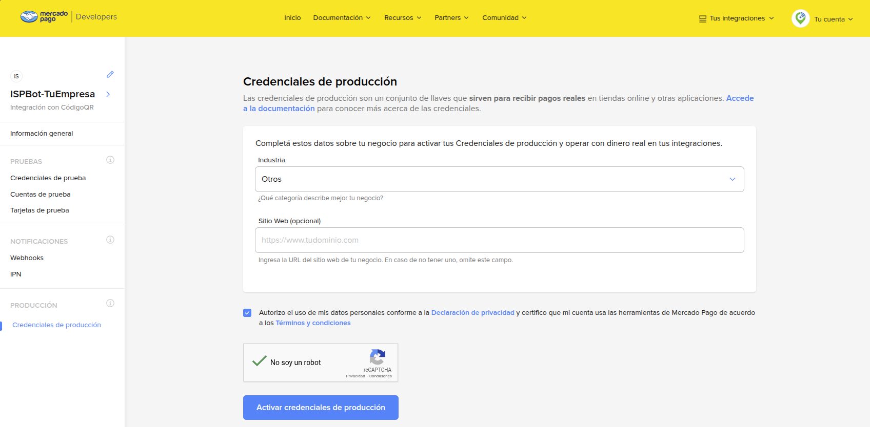Activar credenciales de producción en Mercado Pago
